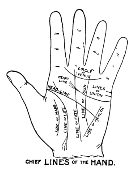 An engraved diagram of the chief lines of the hand: life, head, heart, fate, sun and health